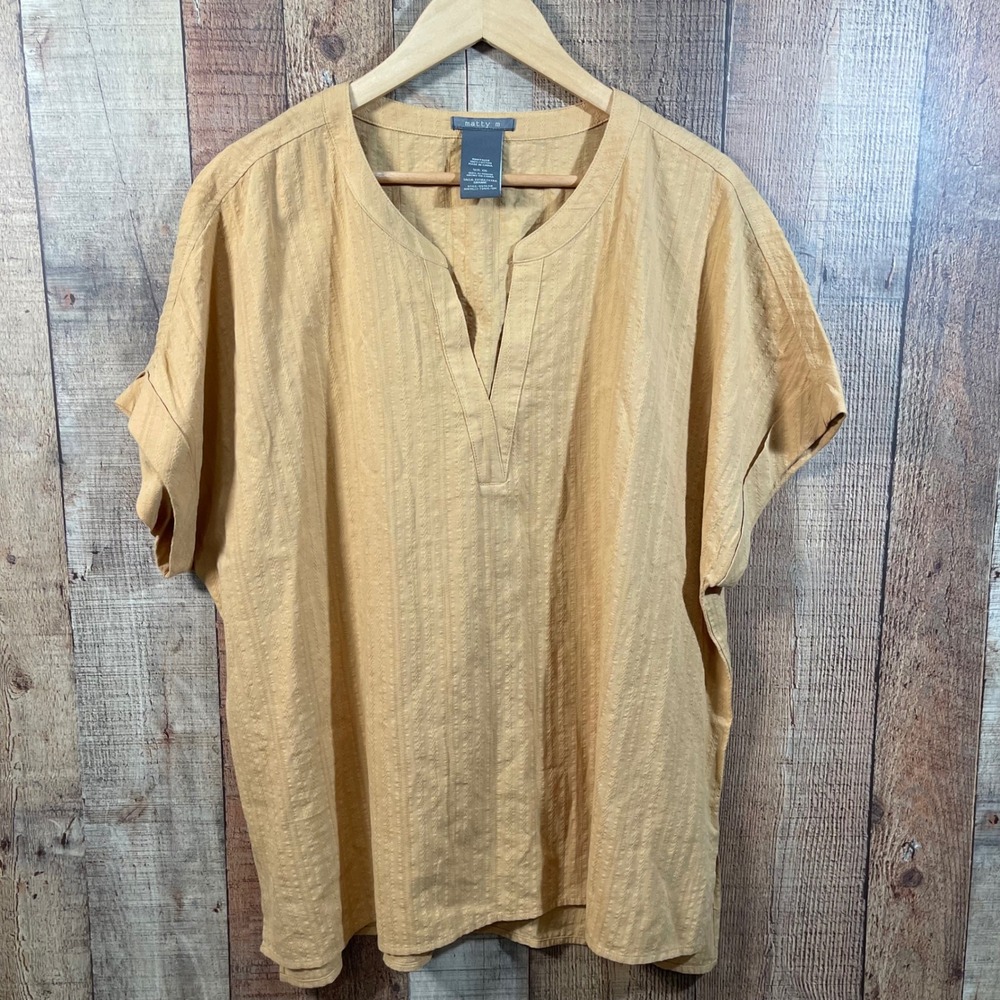 Matty M Mustard Yellow Cotton Dobby Stripe V-Neck Tunic Blouse Top XXL Plus